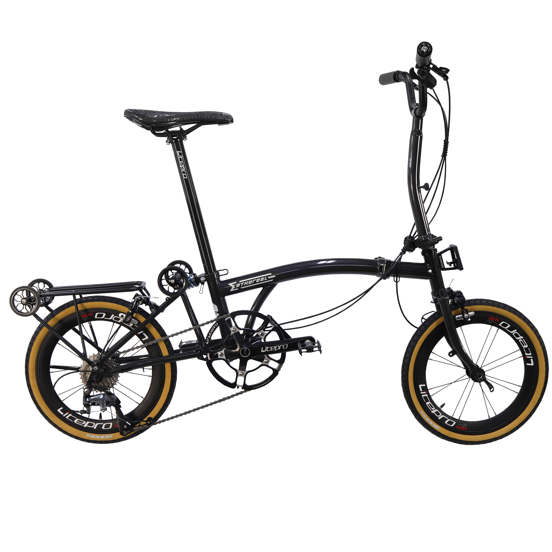 Trifold M10 Foldable Bicycle - Chromoly Steel Frame, Shimano Tiagra 10-Speed Derailleur and Shifter, Kenda Tanwall Tires, Litepro Sports Dual Rim Braking System, Ergonomic Cushion Saddle, Aceoffix Detachable Alloy Pedal, Litepro Anti-Slip Seatpost, Chromoly Steel Fork and Handlepost, Litepro Aluminum Alloy M-Bar, 16" Wheelset with Litepro Aerohub Sealed Bearing.