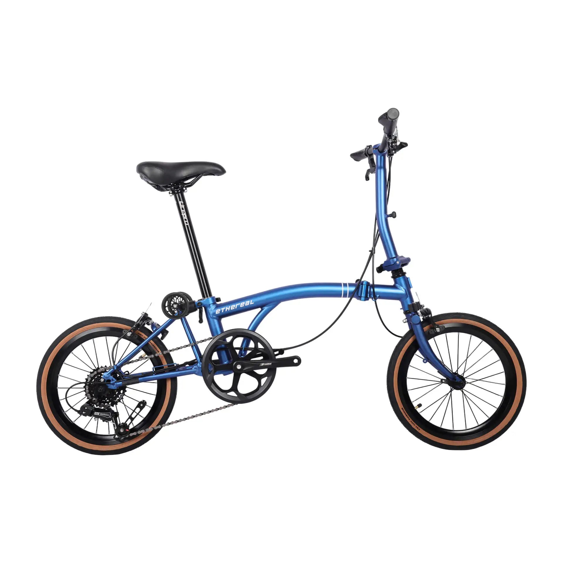Ethereal A7 Trifold Folding Bike fully unfolded, showcasing its lightweight 10.5KG anti-rust aluminum frame and compact design for urban commuting.