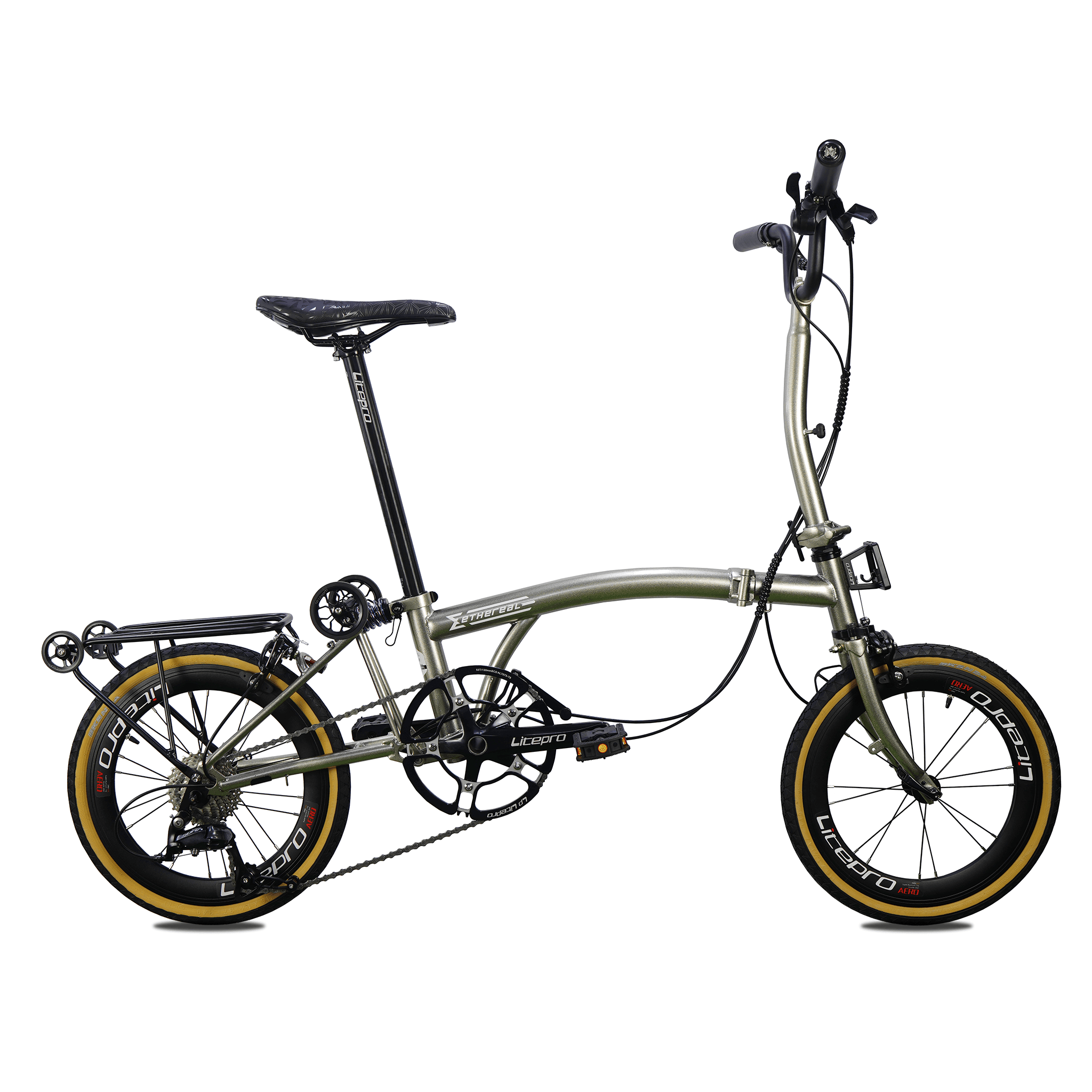 Experience the ultimate convenience and performance with the Ethereal M9 Trifold - the high-tier trifold bicycle model from The Bike Atrium. The image showcases the lightweight and compact design, Shimano 9 Speed SORA derailleur, Ztto Dual Rim Braking System, and other top-quality components. Perfect for commuting and urban riding, get yours today and explore Singapore in style - The Bike Atrium - Best Bicycle Shop in Singapore